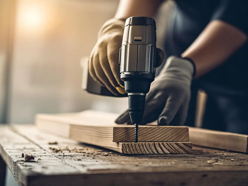 Hände eines Handwerkers mit Arbeitshandschuhen beim Verschrauben einer Holzplatte