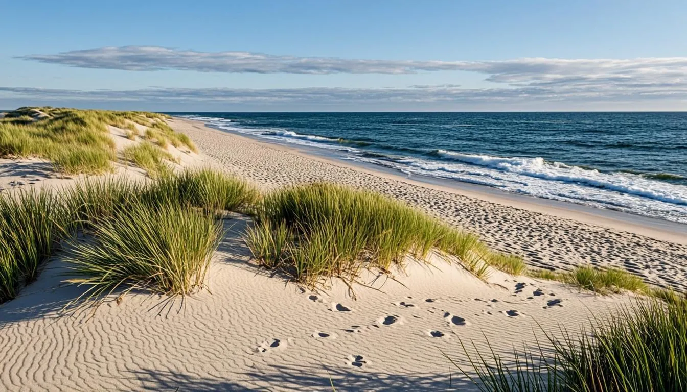 Ostseeküste in Schleswig-Holstein mit Dünen, Strandhafer und ruhiger See im Morgenlicht